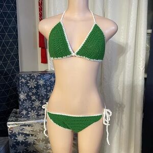 Green Crochet Bikini Set Top bottoms Medium Large side ties Boho Jamaica